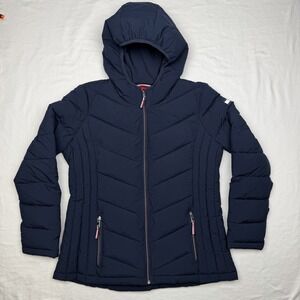 TOMMY HILFIGER THFLEX Womens Short Packable Insulated Jacket Hood Navy L 12-14
